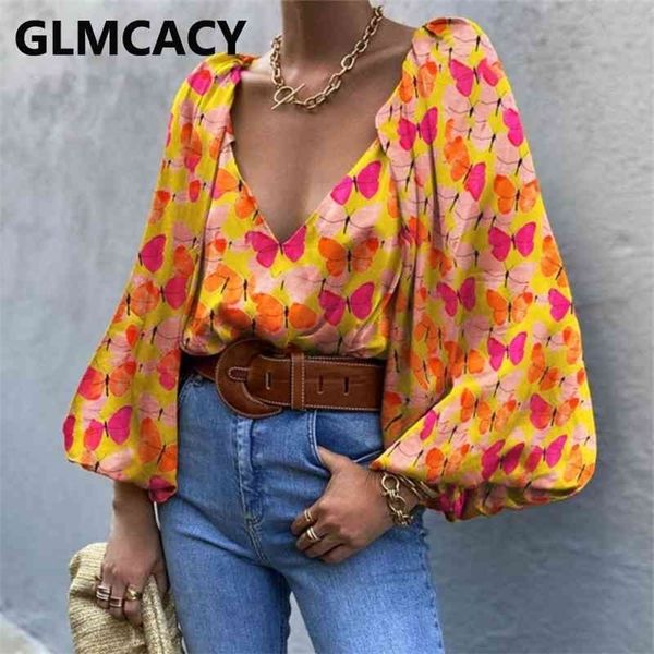 butterfly printed long sleeve blouse shirt v neck elegant 210702, White
