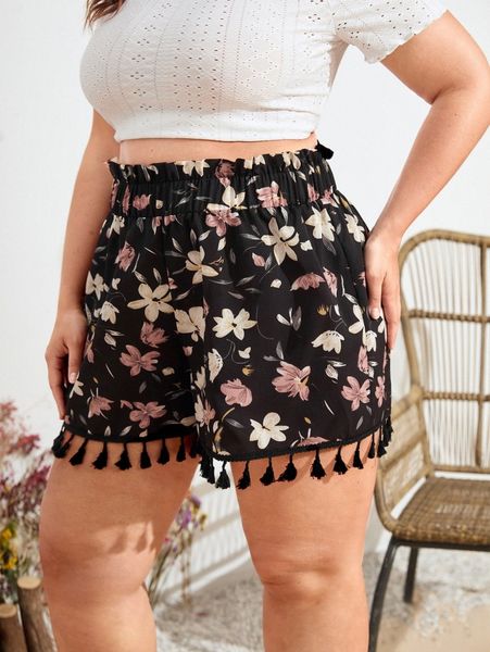 plus floral paper bag waist fringe hem shorts 45cl#, Black 
plus floral paper bag waist fringe hem shorts 45cl#, Black
