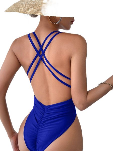 crisscross backless ring linked ruched one piece swimsuit s8cx#, White;black