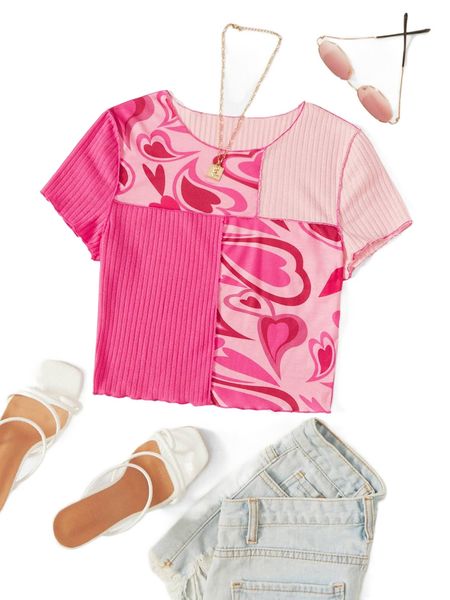 heart print lettuce trim rib-knit tee b3xi#, White