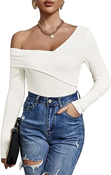 & tees cross wrap off shoulder long sleeve deep v neck t-shirt casual slim ribbed knit blouses, White
& tees cross wrap off shoulder long sleeve deep v neck t-shirt casual slim ribbed knit blouses, White