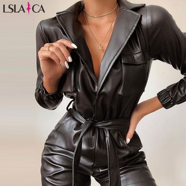 fashion women leather jumpsuit turndown collar long sleeve strappy cool streetwear ladies autumn winter black overalls y200422, Black;white
fashion women leather jumpsuit turndown collar long sleeve strappy cool streetwear ladies autumn winter black overalls y200422, Black;white