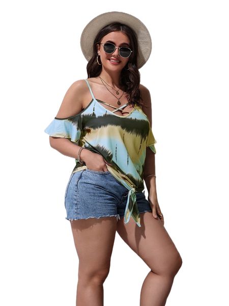 plus criss cross cold shoulder tie dye tee 43e4#, Black 
plus criss cross cold shoulder tie dye tee 43e4#, Black