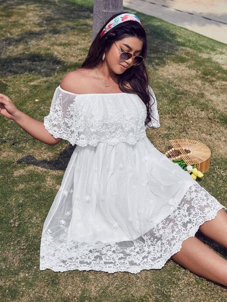 plus off shoulder floral embroidered mesh dress a8w2#, Black
