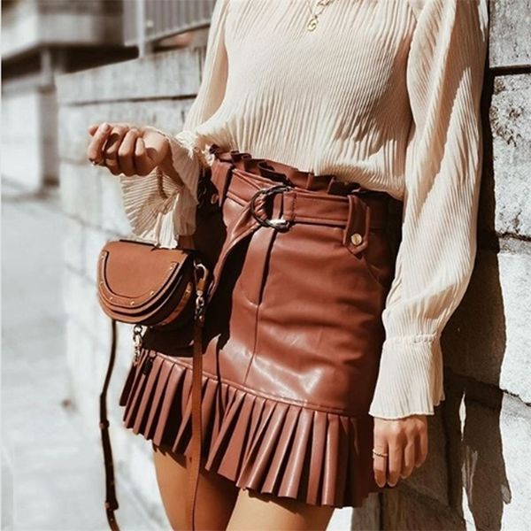 spring pu leather skirts high waist pleated hem mini skirts belt waist ladies faldas t200324, Black
spring pu leather skirts high waist pleated hem mini skirts belt waist ladies faldas t200324, Black