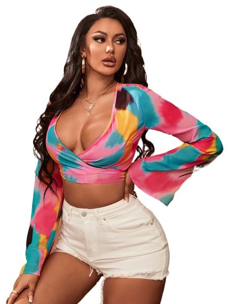 sxy color-block deep v-neck tie back crop blouse 38a9#, White 
sxy color-block deep v-neck tie back crop blouse 38a9#, White