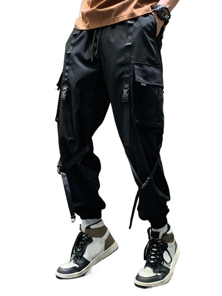 men flap pocket buckle detail pants y0id#, Black