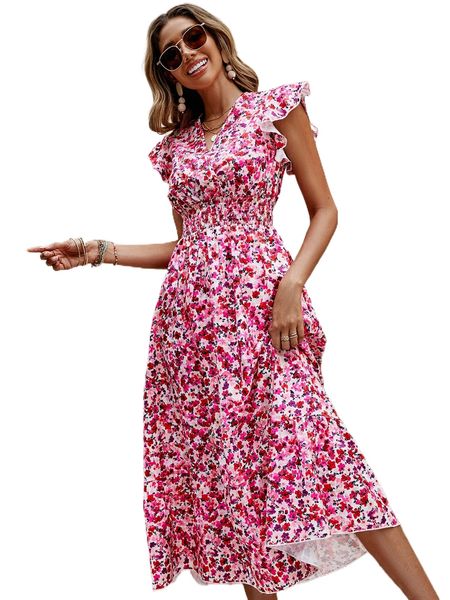 allover floral print butterfly sleeve shirred ruffle hem dress q2bo#, Black;gray
allover floral print butterfly sleeve shirred ruffle hem dress q2bo#, Black;gray