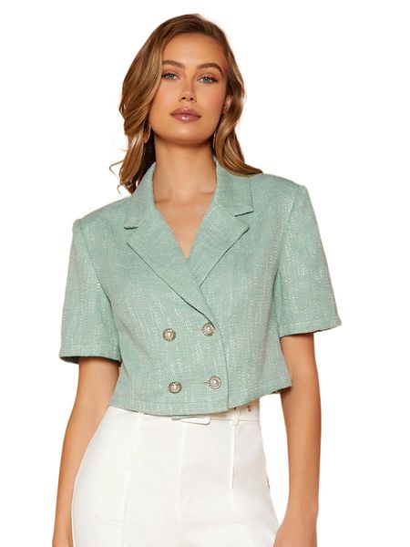 double breasted crop tweed blazer q5vm#, White 
double breasted crop tweed blazer q5vm#, White