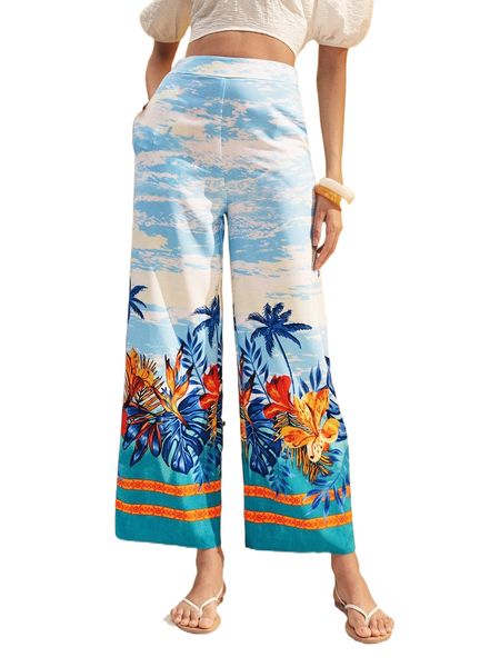 high waist tropical print wide leg pants r3iy#, Black;white