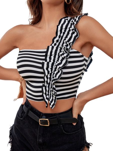 striped print ruffle trim crop h2l3#, White
striped print ruffle trim crop h2l3#, White