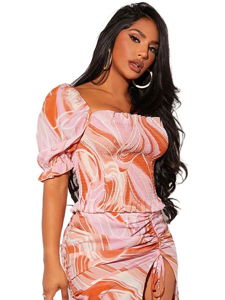 graphic print ruffle trim shirred f5sz#, White
