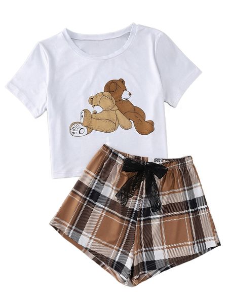 cartoon graphic tee and plaid shorts pj set t0ml#, Black;red 
cartoon graphic tee and plaid shorts pj set t0ml#, Black;red
