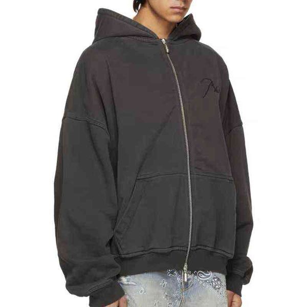 for men hoodies designer hip hop high version early autumn new style meichao rhude embroidered letter hoodie zip cardigan terry coat, Black
