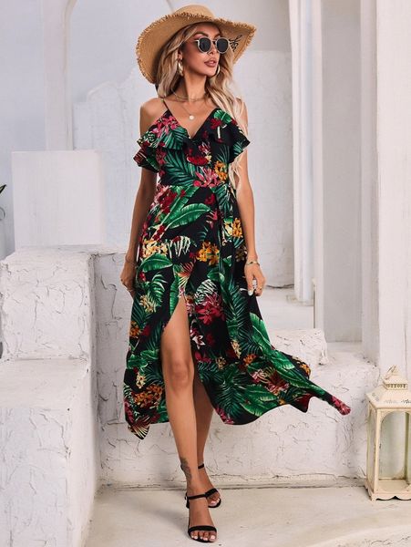 tropical print ruffle trim wrap dress j3lx#, Black;gray
tropical print ruffle trim wrap dress j3lx#, Black;gray
