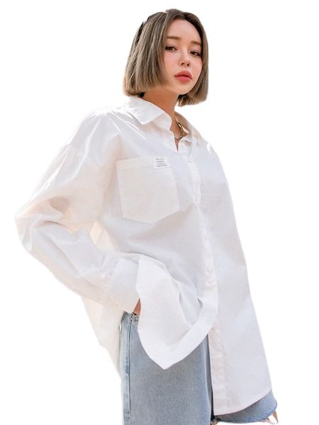 dazy letter patched button through drop shoulder oversized blouse k0on#, White