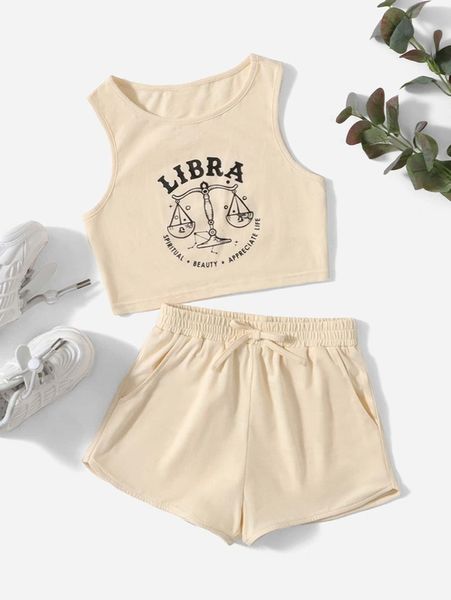 girls slogan & scales pattern tank & shorts she, White 
girls slogan & scales pattern tank & shorts she, White