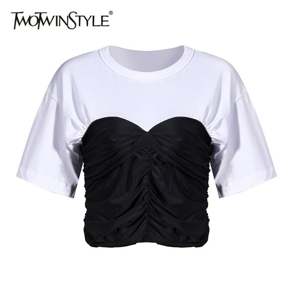 twotwinstyle casual patchwork ruched t shirt for women o neck short sleeve hit color t-shirt female fashion clothing new 210311, White
twotwinstyle casual patchwork ruched t shirt for women o neck short sleeve hit color t-shirt female fashion clothing new 210311, White