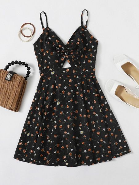 allover floral print twist bust slip dress 55hb#, Black;gray