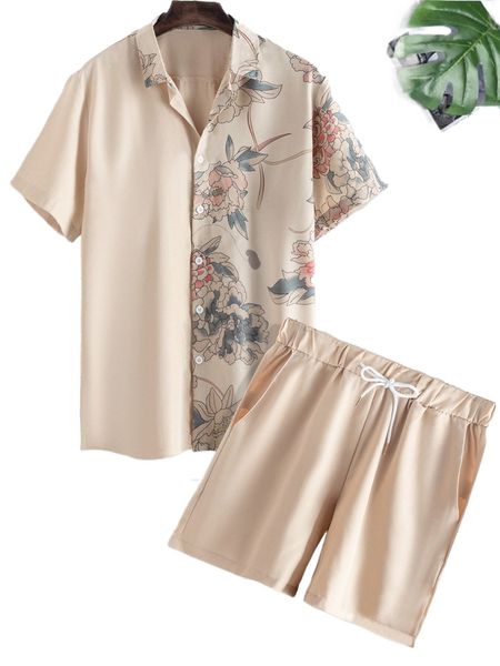 men floral print shirt & drawstring waist shorts x8im#, Gray