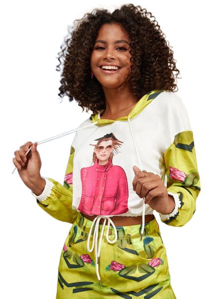 x catia bart figure & floral print drawstring hoodie n7le#, Black
x catia bart figure & floral print drawstring hoodie n7le#, Black