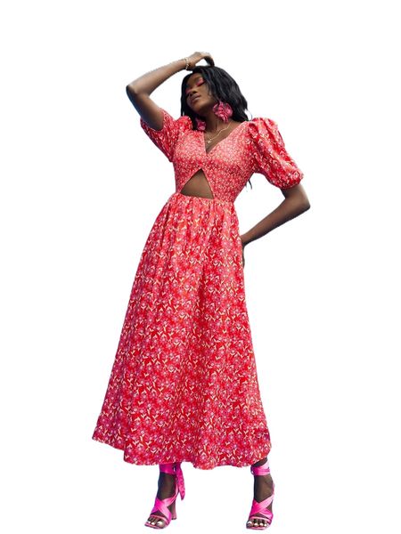 x xio & paula puff sleeve cut out open back allover floral print dress j1fh#, Black;gray
x xio & paula puff sleeve cut out open back allover floral print dress j1fh#, Black;gray