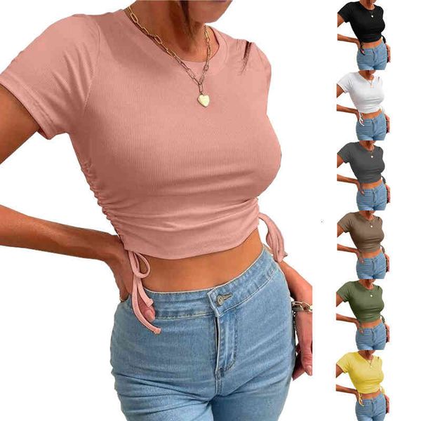 women's t-shirt summer short sleeved open navel t-shirt solid color drawstring tight rnlz, White
women's t-shirt summer short sleeved open navel t-shirt solid color drawstring tight rnlz, White