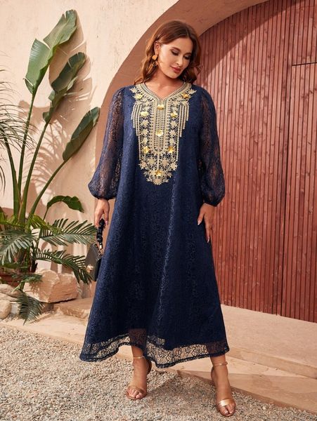 plus sequin applique lantern sleeve lace overlay dress v909#, Black