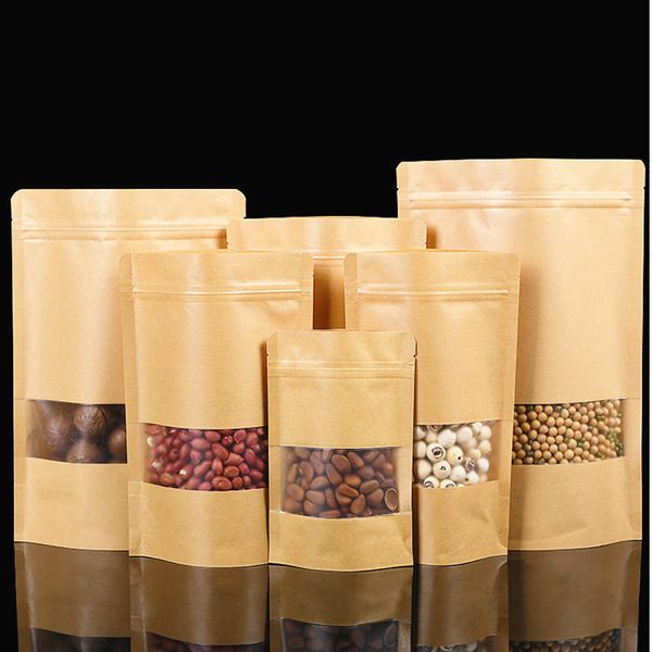 

100pcs Thick Stand up Kraft Paper Frosted Window Zip Lock Bag Resealable Biscuits Ground Coffee Beans Snack Flower Tea Fruits NUts Gifts Storage Pouches