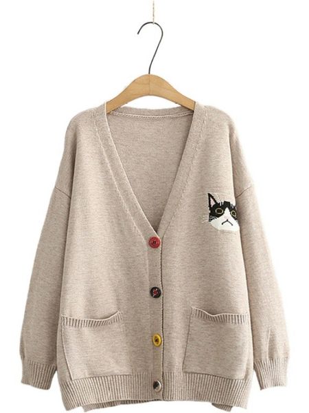 women cardigans cartoon cat embroidery casual knitted sweater winter long sleeve v-neck multicolor button preppy style top, White;black
women cardigans cartoon cat embroidery casual knitted sweater winter long sleeve v-neck multicolor button preppy style top, White;black