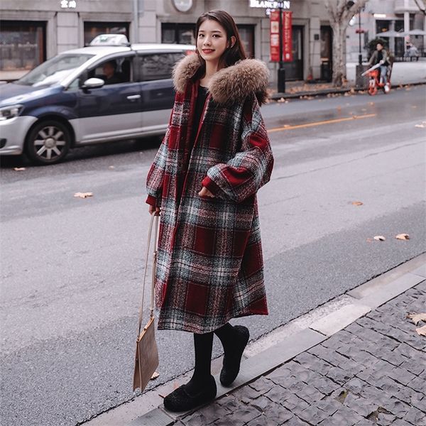 coat female winter woolen jacket red plaid fashion big fur collar loose korean long style thicken cloak warm coat lj201106, Black
coat female winter woolen jacket red plaid fashion big fur collar loose korean long style thicken cloak warm coat lj201106, Black
