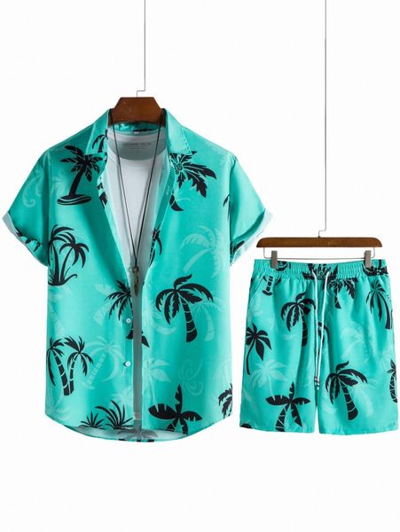 men random tropical print shirt & drawstring waist shorts without tee v4ue#, Gray