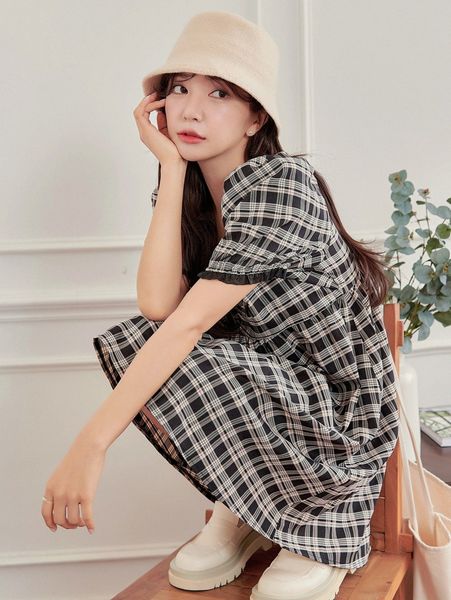dazy plaid ruched smock dress 53ta#, Black;gray