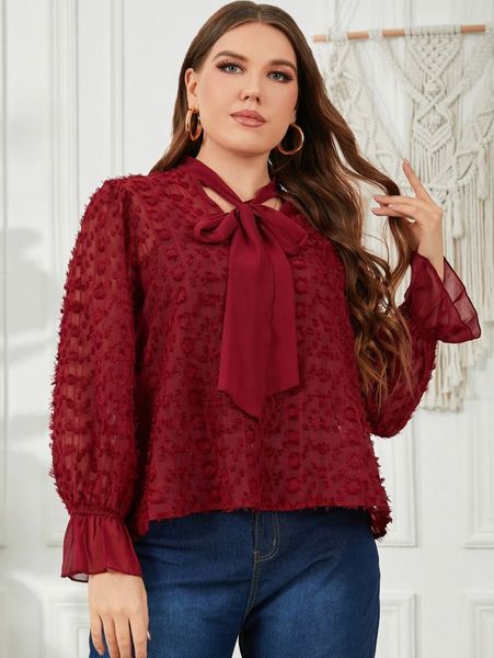 plus tie neck flounce sleeve fuzzy blouse p1u6#, Black 
plus tie neck flounce sleeve fuzzy blouse p1u6#, Black