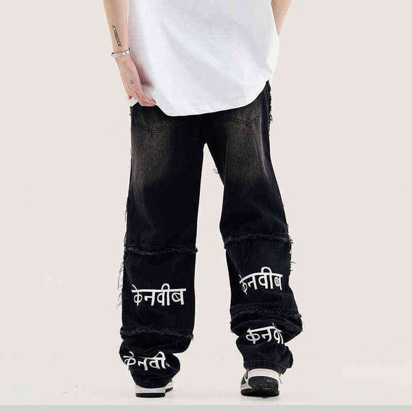 ripped retro frayed washed black jeans for men and women back letter embroidery straight casual denim trousers oversized t220803, Blue
ripped retro frayed washed black jeans for men and women back letter embroidery straight casual denim trousers oversized t220803, Blue
