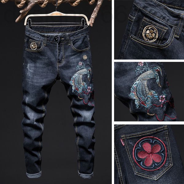 men's jeans designer a fashion young small feet chinese style carp embroidered elastic pants printed 1jpe, Blue
men's jeans designer a fashion young small feet chinese style carp embroidered elastic pants printed 1jpe, Blue