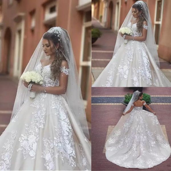 off shoulders a line satin wedding gowns new arrival lace appliques ruched corset back long bridal dresses said mhamad vestido de novia, White
off shoulders a line satin wedding gowns new arrival lace appliques ruched corset back long bridal dresses said mhamad vestido de novia, White