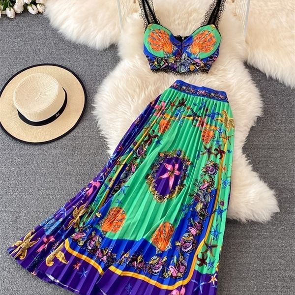 summer bohemian two piece set women floral printed short cup padded lace stitching crop +high waist pleated maxi skirt 220510, White
summer bohemian two piece set women floral printed short cup padded lace stitching crop +high waist pleated maxi skirt 220510, White