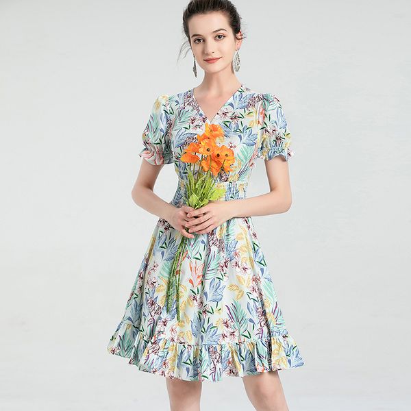 women's runway dress v neck short sleeves printed elastic waist ruffles high street designer summer dresses vestidos, Black
women's runway dress v neck short sleeves printed elastic waist ruffles high street designer summer dresses vestidos, Black
