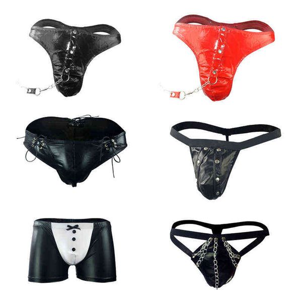 men's underpants patent leather boxer shorts low waist string briefs faux leather bandage chain thong t-pants w220324, Red;black
men's underpants patent leather boxer shorts low waist string briefs faux leather bandage chain thong t-pants w220324, Red;black