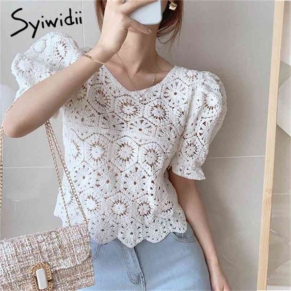 hollow out blouses women puff sleeve short o-neck white lace clothes summer korean fashion shirts 210607
hollow out blouses women puff sleeve short o-neck white lace clothes summer korean fashion shirts 210607