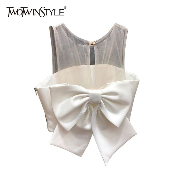 twotwinstyle patchwork mesh bowknot shirt for women o neck sleeveless backless perspective blouse female summer 210401, White
twotwinstyle patchwork mesh bowknot shirt for women o neck sleeveless backless perspective blouse female summer 210401, White