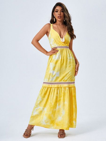 surplice neck tape detail shirred tie dye cami dress a2wb#, Black;gray
surplice neck tape detail shirred tie dye cami dress a2wb#, Black;gray