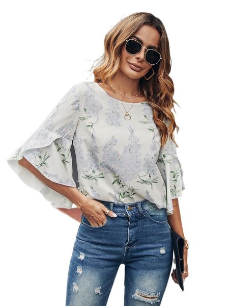 floral print petal sleeve blouse h2gi#, White