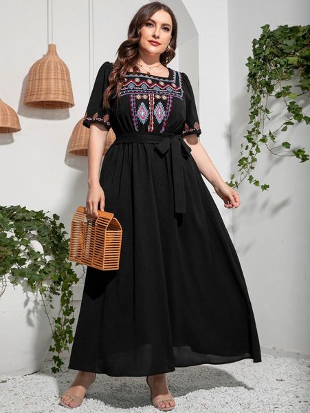 plus geo embroidery puff sleeve belted dress 441f#, Black