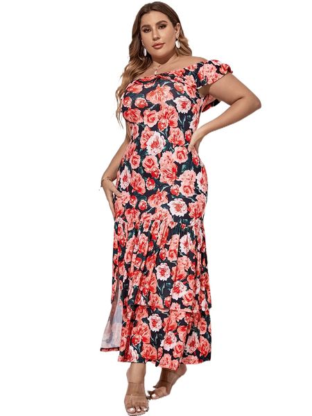 plus allover floral print layered split hem dress e3gw#, Black
plus allover floral print layered split hem dress e3gw#, Black