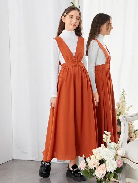 teen girls turtle neck tee & belted overall dress she, White 
teen girls turtle neck tee & belted overall dress she, White