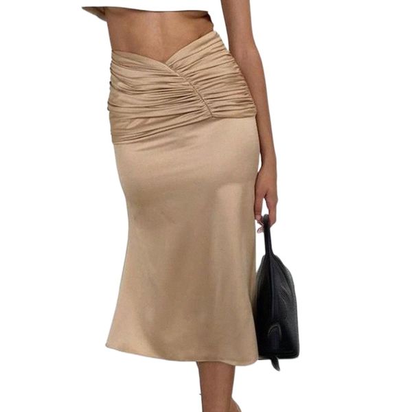 agong high waisted solid skirts women fashion shirring slim satin skirt elegant spring folds mid calf female ladies c1mc#, Black
agong high waisted solid skirts women fashion shirring slim satin skirt elegant spring folds mid calf female ladies c1mc#, Black