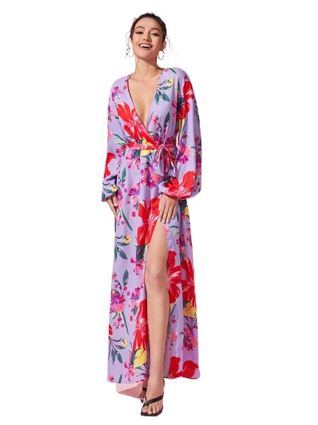 x terese sydonna floral print lantern sleeve plunging neck split thigh belted dress 38ui#, Black;gray
x terese sydonna floral print lantern sleeve plunging neck split thigh belted dress 38ui#, Black;gray