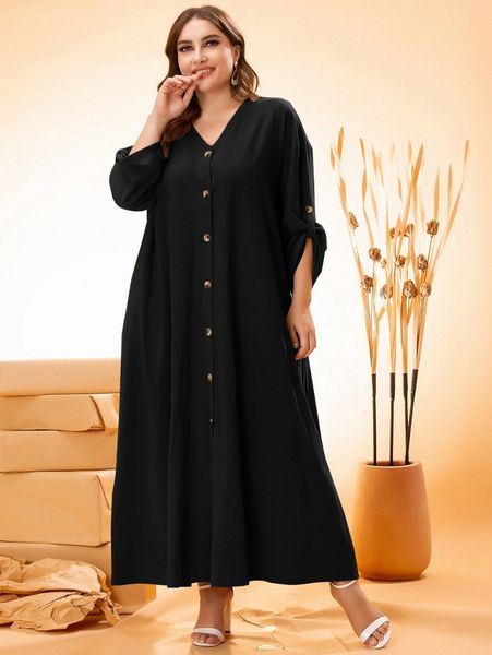 plus roll tab sleeve button front dress s1mg#, Black
